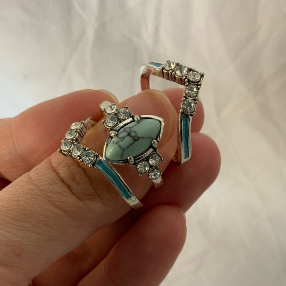 New three in one Turquoise Ring with Mojssanite Silver plated 3 piece ring set - Picture 3 of 8
